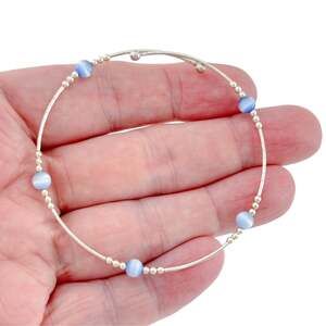 1990's Sterling Silver Cat’s Eye Glass Bead Flexible Wrap Bracelet 7.5 inches